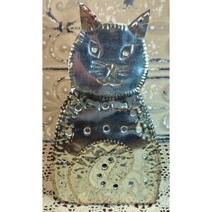 Primitive Hammered Pierced Tin Cat Kitten Candlestick Holder Crude